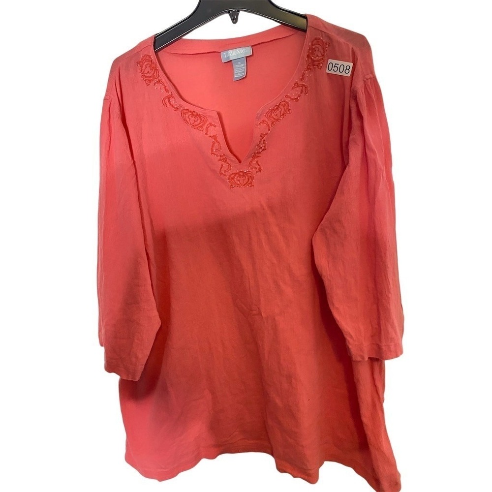 Liz & Me Tunic Top Womens 3X Coral Embroidered Beaded Split Neck 3/4